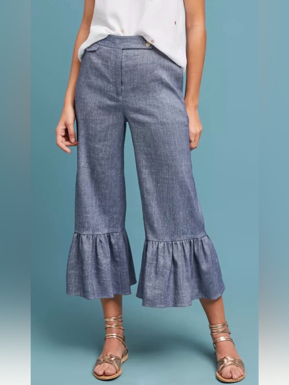 Anthropologie ett:twa Chambray Ruffle-Hem Cropped Wide-Leg Pants - Blue